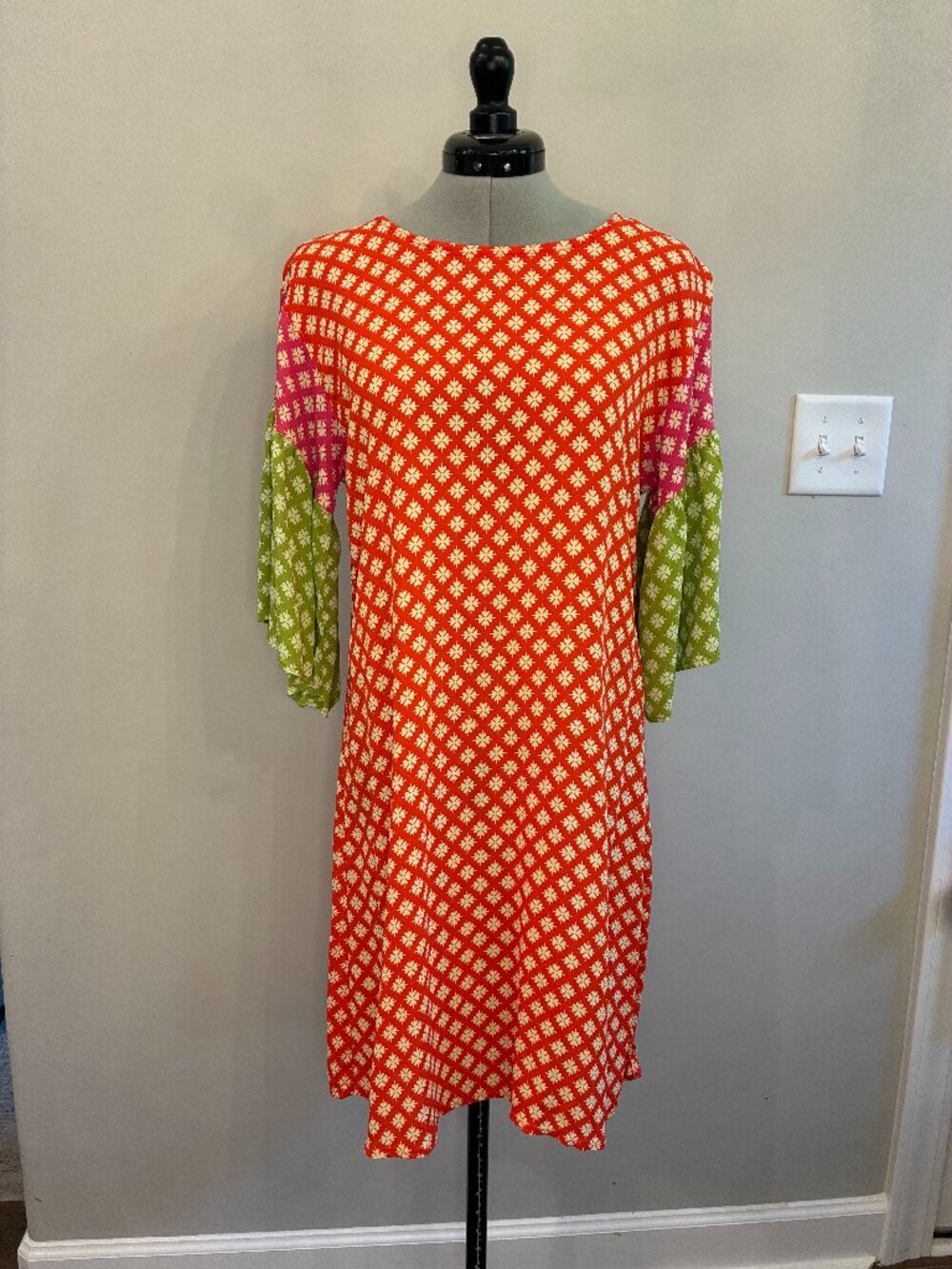 Uncle Frank Red Orange Geometric Print Colorblock Bell Sleeve Shift Dress M